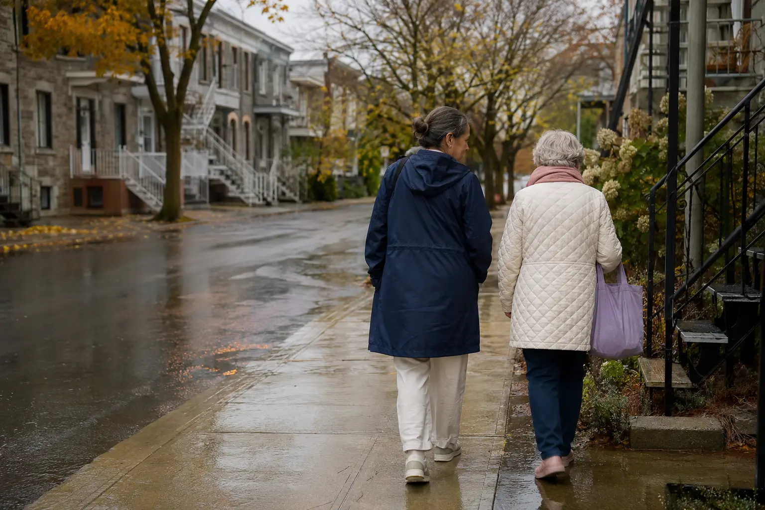 Deux personnes marchent tranquillement dans une rue après la pluie